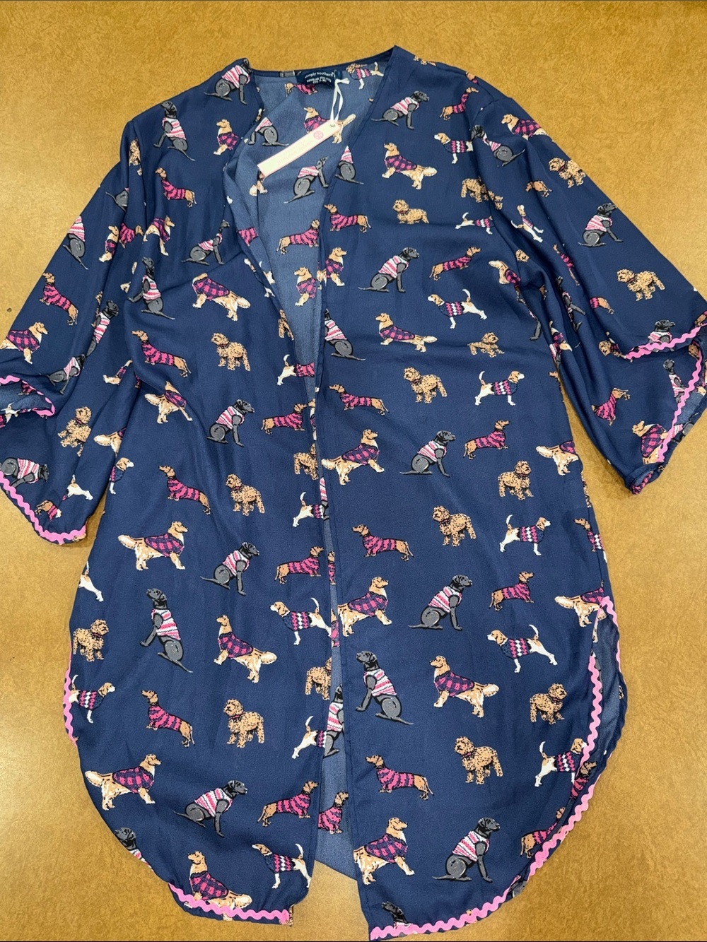 Simply Southern Navy Dog Print Kimono Wrap with Pink Trim